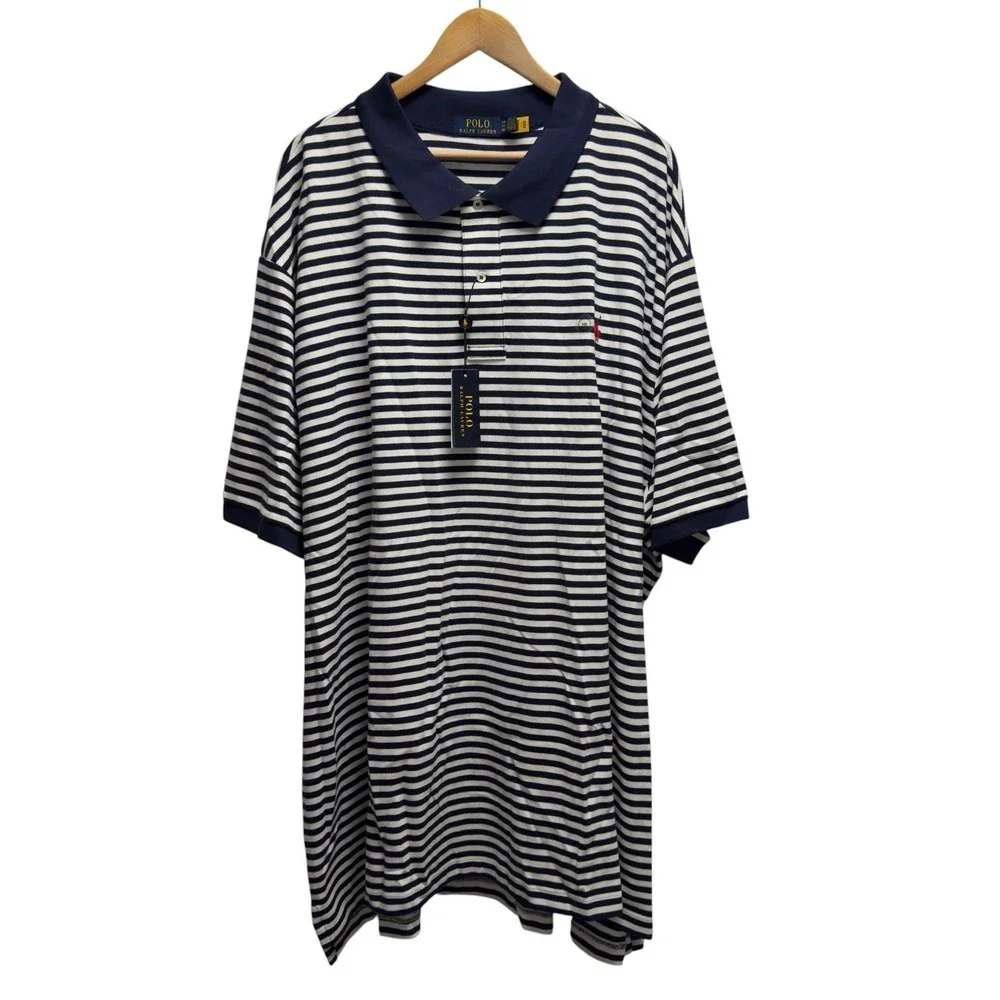Polo Ralph Lauren NEW Mens 5XB Big White/Blue Striped Pique Knit Pony Polo Shirt
